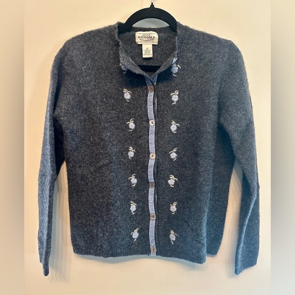 Vintage Y2K Sonoma Wool Charcoal Cardigan with Embroidered Flowers Medium - Picture 1 of 5